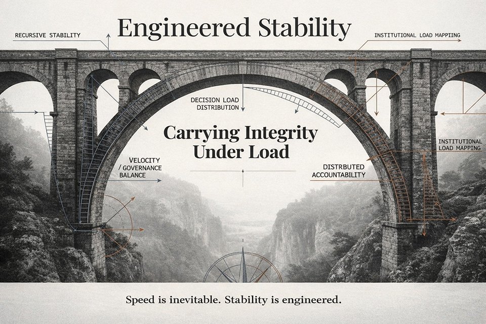 A large stone arch bridge spanning a canyon, overlaid with technical load and force indicators to represent engineered stability, structural accountability, and the preservation of integrity under accelerating conditions.